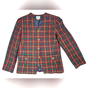 Vintage Koret Tweed Fall Plaid Button up Blazer Jacket Red Gold & Green
